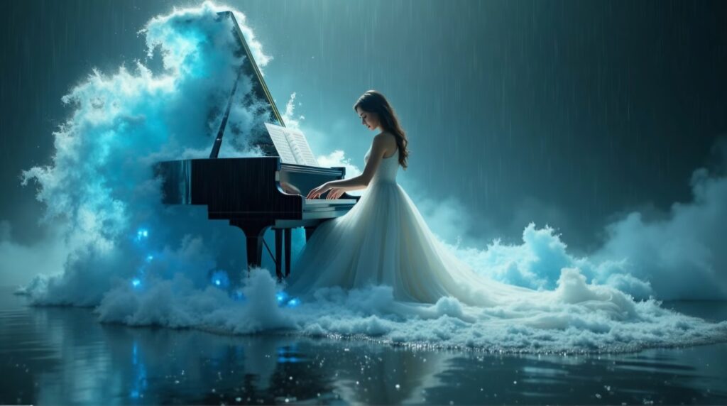 "A grand piano by the rainy seaside, symbolizing a farewell to summer"