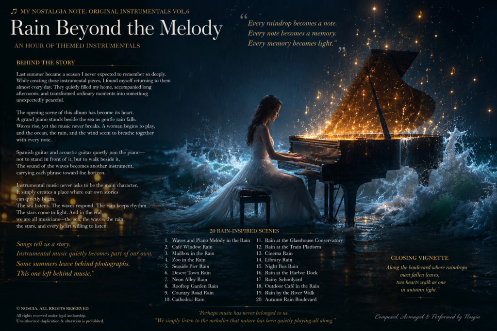 "Rain Beyond the Melody – Cover art for Nosgia's final original piano album"