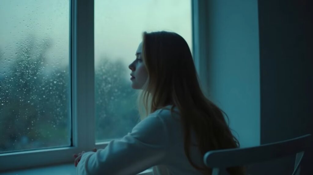 It imagines a woman sitting by a rain-covered window on a summer evening, watching the rain while quietly longing for someone who has already become part of yesterday.